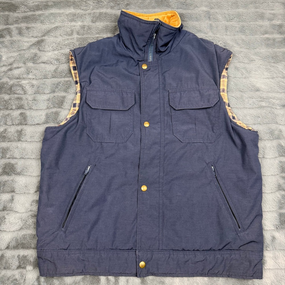 Woolrich Mens Navy Blue Plaid Lined Utility Vest 33307 Vintage Made in USA Large